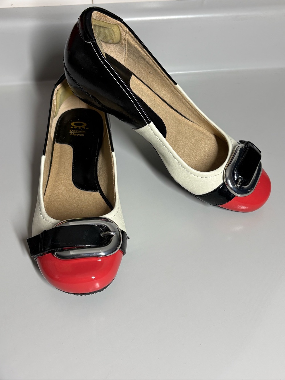 Denver Hayes Red, Black & White Patent Ballet Flats with Buckle